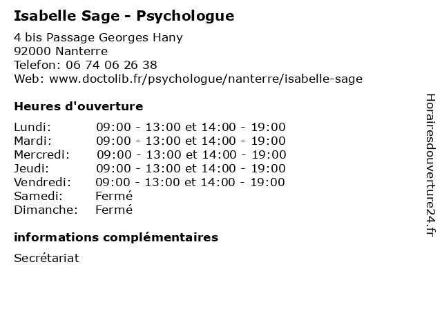 Isabelle Sage - Psychologue à Nanterre: adresse et heures d'ouverture