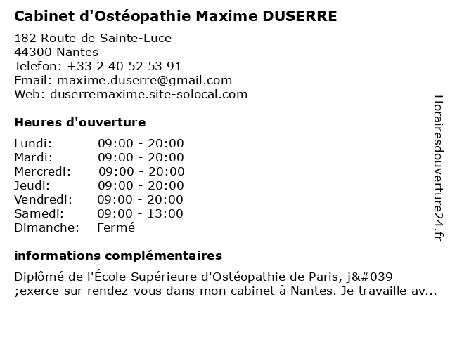 Cabinet d'Ostéopathie Maxime DUSERRE à Nantes: adresse et heures d'ouverture