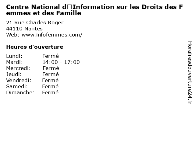 Centre National d’Information sur les Droits des Femmes et des Famille à Nantes: adresse et heures d'ouverture