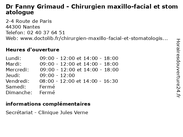 Dr Fanny Grimaud - Chirurgien maxillo-facial et stomatologue à Nantes: adresse et heures d'ouverture