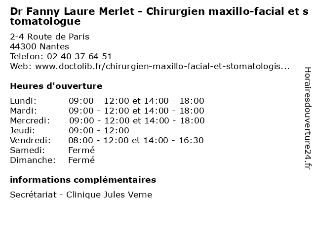 Dr Fanny Laure Merlet - Chirurgien maxillo-facial et stomatologue à Nantes: adresse et heures d'ouverture