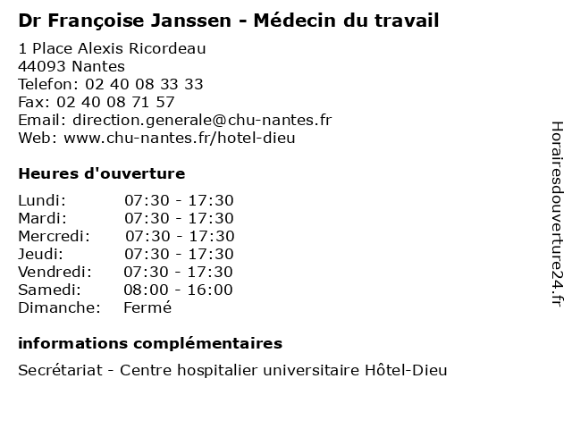 Dr Françoise Janssen - Médecin du travail à Nantes: adresse et heures d'ouverture