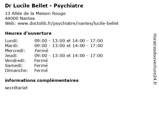 Dr Lucile Bellet - Psychiatre à Nantes: adresse et heures d'ouverture