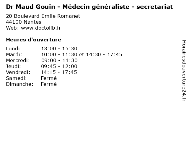 Dr Maud Gouin - Médecin généraliste - secretariat à Nantes: adresse et heures d'ouverture