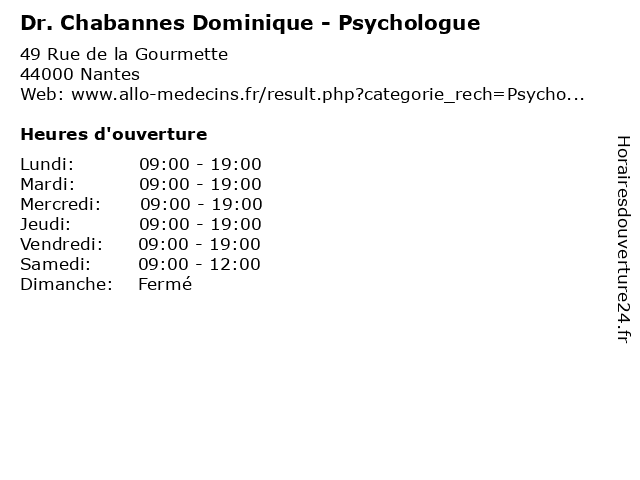 Dr. Chabannes Dominique - Psychologue à Nantes: adresse et heures d'ouverture
