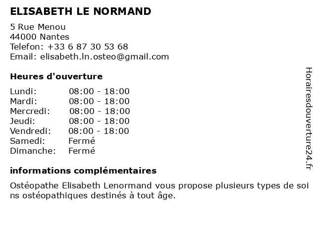 ELISABETH LE NORMAND à Nantes: adresse et heures d'ouverture