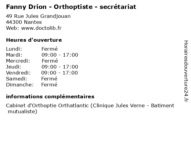 Fanny Drion - Orthoptiste - secrétariat à Nantes: adresse et heures d'ouverture