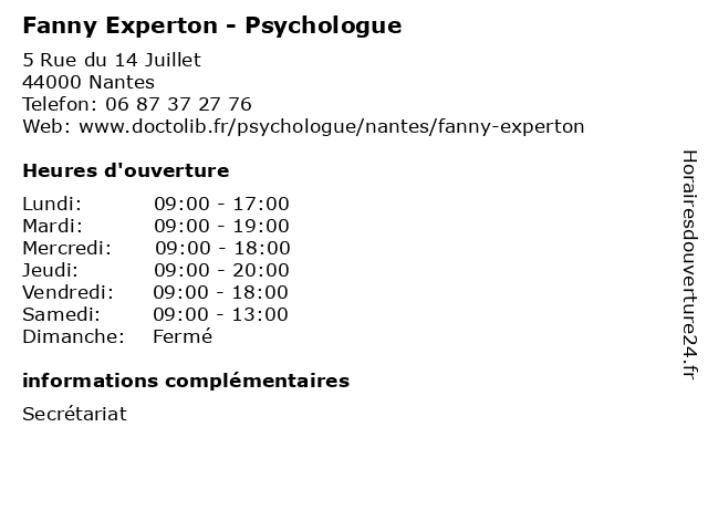 Fanny Experton - Psychologue à Nantes: adresse et heures d'ouverture