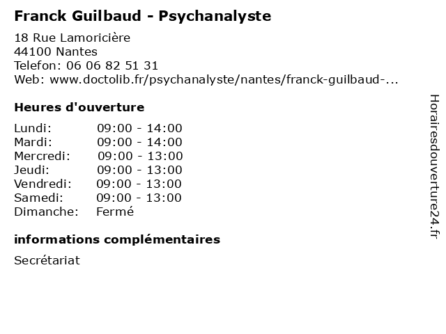 Franck Guilbaud - Psychanalyste à Nantes: adresse et heures d'ouverture