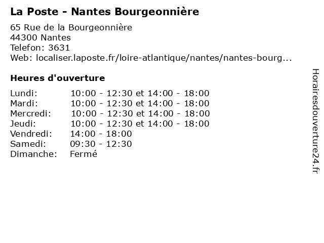 La Poste - Nantes Bourgeonnière à Nantes: adresse et heures d'ouverture