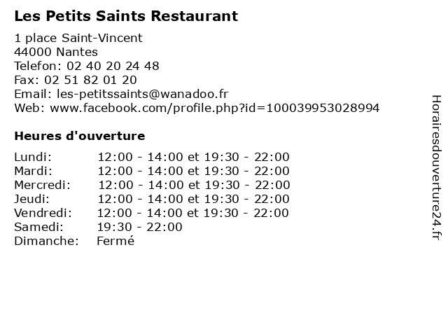 Les Petits Saints Restaurant à Nantes: adresse et heures d'ouverture