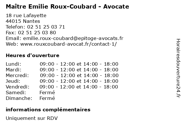 Maître Emilie Roux-Coubard - Avocate à Nantes: adresse et heures d'ouverture