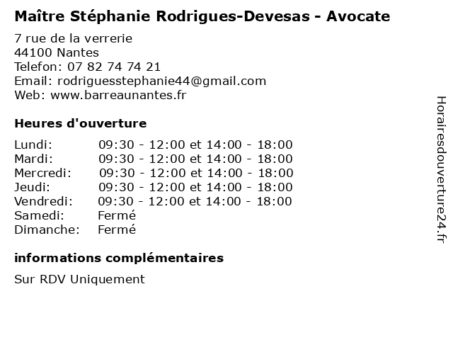 Maître Stéphanie Rodrigues-Devesas - Avocate à Nantes: adresse et heures d'ouverture