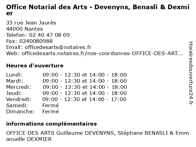 Office Notarial des Arts - Devenyns, Benasli & Dexmier à Nantes: adresse et heures d'ouverture