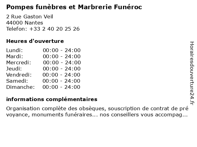Pompes funèbres et Marbrerie Funéroc à Nantes: adresse et heures d'ouverture