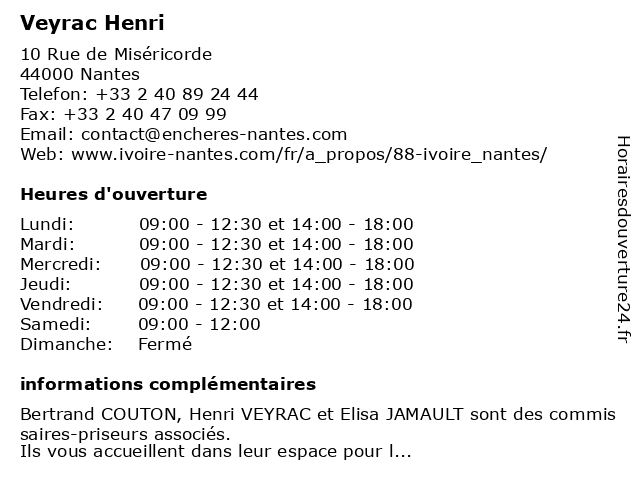 Veyrac Henri à Nantes: adresse et heures d'ouverture