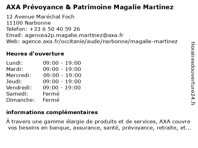 AXA Prévoyance & Patrimoine Magalie Martinez à Narbonne: adresse et heures d'ouverture