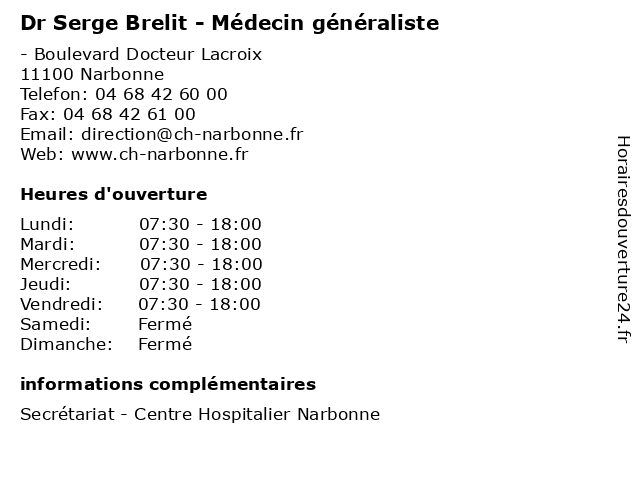 Dr Serge Brelit - Médecin généraliste à Narbonne: adresse et heures d'ouverture