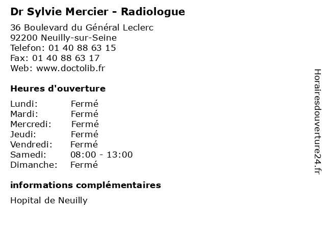 Dr Sylvie Mercier - Radiologue à Neuilly-sur-Seine: adresse et heures d'ouverture