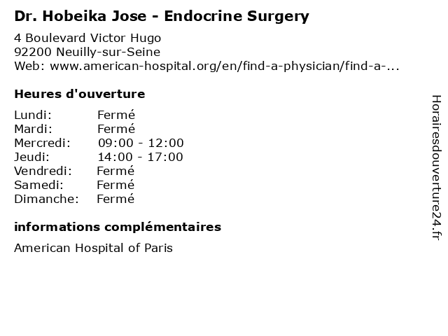Dr. Hobeika Jose - Endocrine Surgery à Neuilly-sur-Seine: adresse et heures d'ouverture