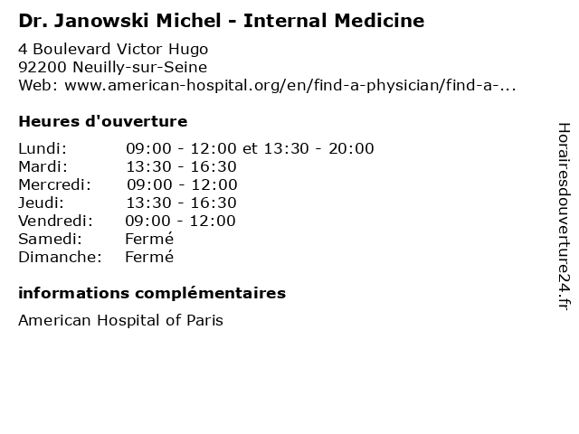 Dr. Janowski Michel - Internal Medicine à Neuilly-sur-Seine: adresse et heures d'ouverture