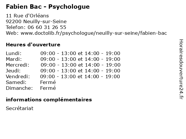Fabien Bac - Psychologue à Neuilly-sur-Seine: adresse et heures d'ouverture
