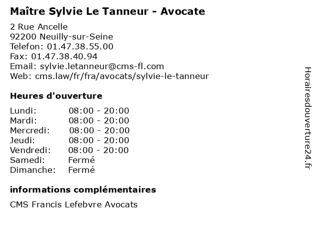 Maître Sylvie Le Tanneur - Avocate à Neuilly-sur-Seine: adresse et heures d'ouverture