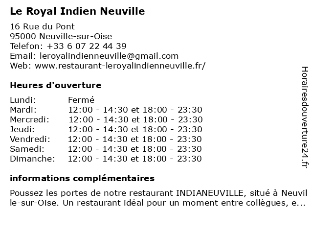 Le Royal Indien Neuville à Neuville-sur-Oise: adresse et heures d'ouverture