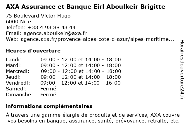 AXA Assurance et Banque Eirl Aboulkeir Brigitte à Nice: adresse et heures d'ouverture
