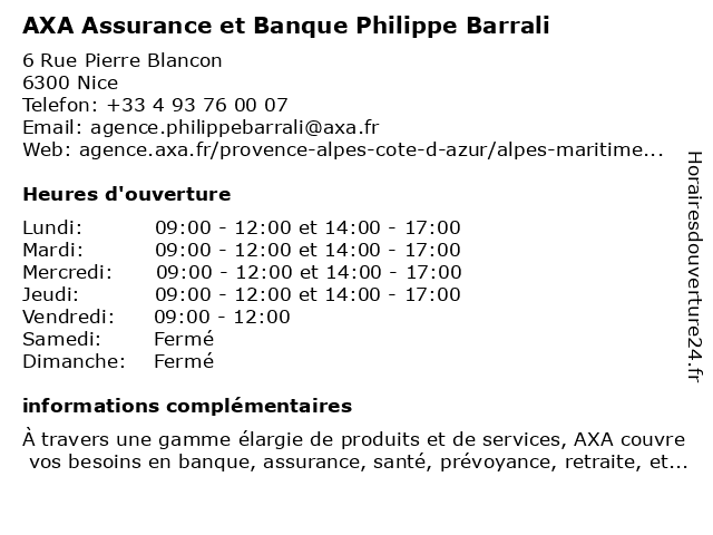 AXA Assurance et Banque Philippe Barrali à Nice: adresse et heures d'ouverture