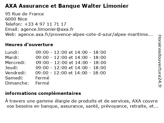AXA Assurance et Banque Walter Limonier à Nice: adresse et heures d'ouverture