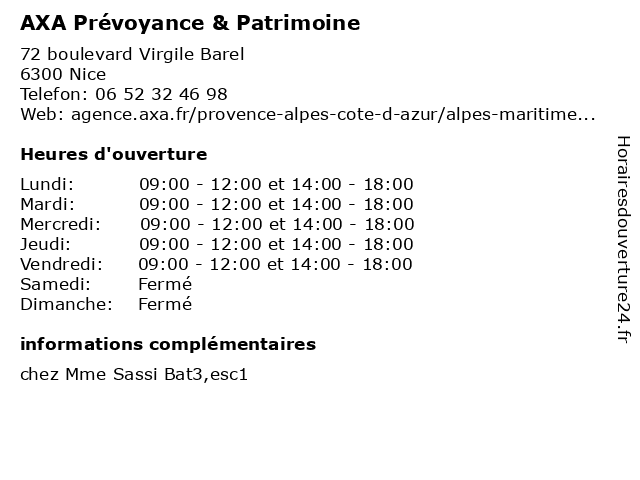 AXA Prévoyance & Patrimoine à Nice: adresse et heures d'ouverture