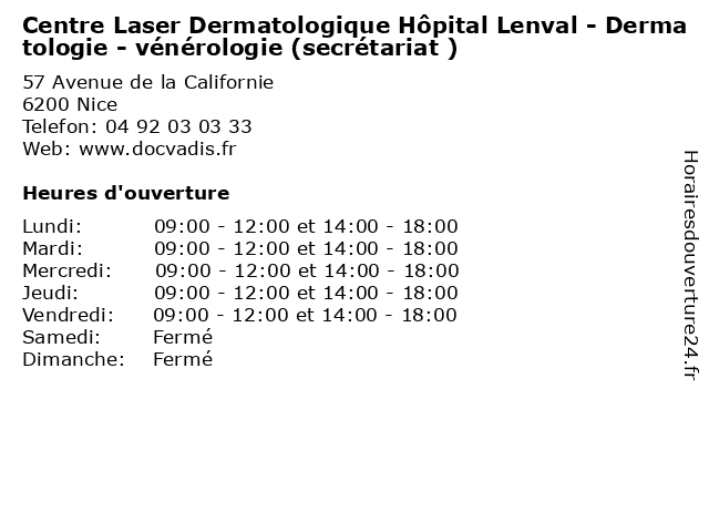 applause Competitive Formation ᐅ Horaires d'ouverture „Centre Laser Dermatologique Hôpital Lenval -  Dermatologie - vénérologie (secrétariat )“ | 57 Avenue de la Californie à  Nice
