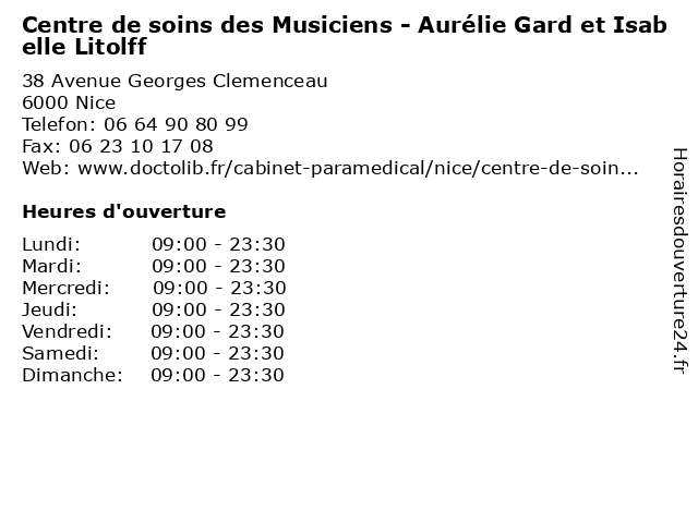 Centre de soins des Musiciens - Aurélie Gard et Isabelle Litolff à Nice: adresse et heures d'ouverture