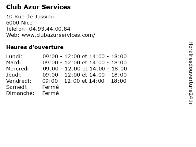 Club Azur Services à Nice: adresse et heures d'ouverture