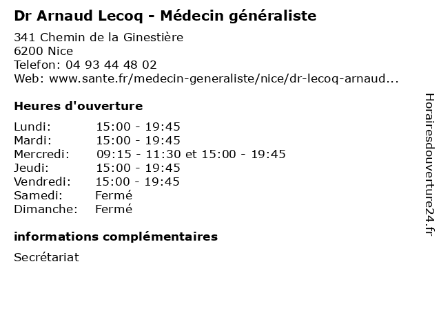 Dr Arnaud Lecoq - Médecin généraliste à Nice: adresse et heures d'ouverture