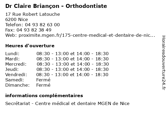 Dr Claire Briançon - Orthodontiste à Nice: adresse et heures d'ouverture