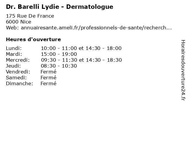 Dr. Barelli Lydie - Dermatologue à Nice: adresse et heures d'ouverture