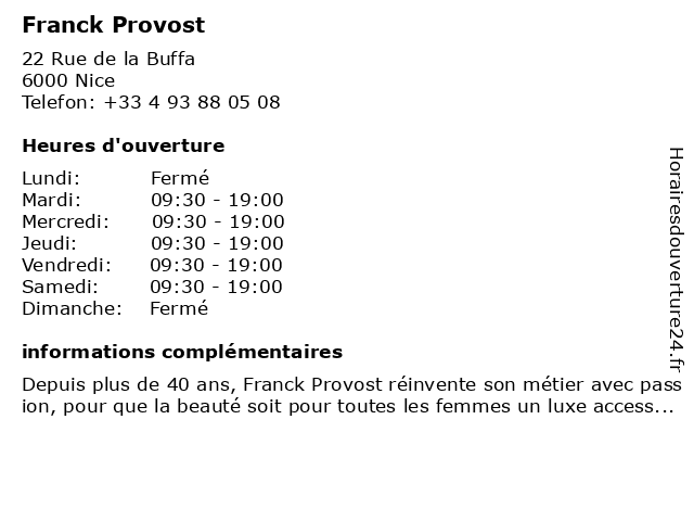 Franck Provost à Nice: adresse et heures d'ouverture