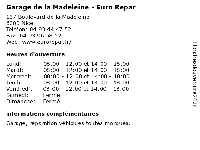 Garage de la Madeleine - Euro Repar à Nice: adresse et heures d'ouverture