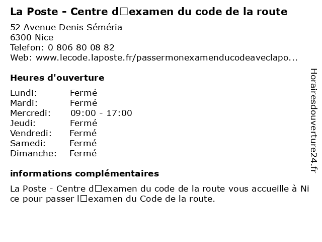 La Poste - Centre d'examen du code de la route à Nice: adresse et heures d'ouverture