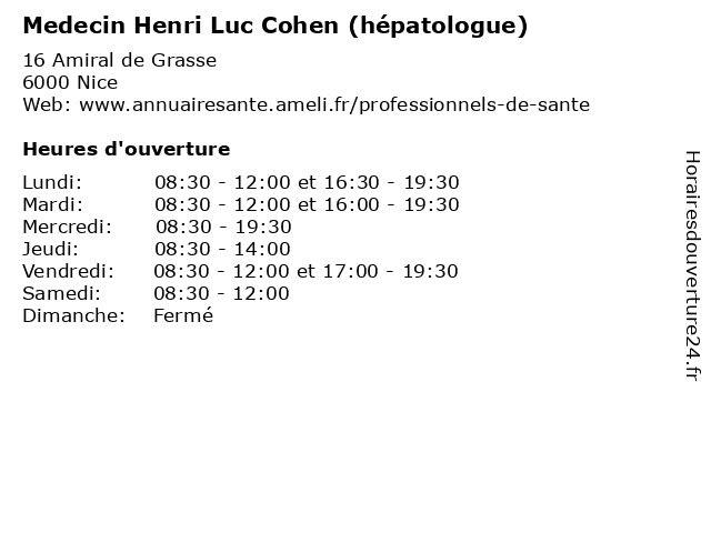 Medecin Henri Luc Cohen (hépatologue) à Nice: adresse et heures d'ouverture