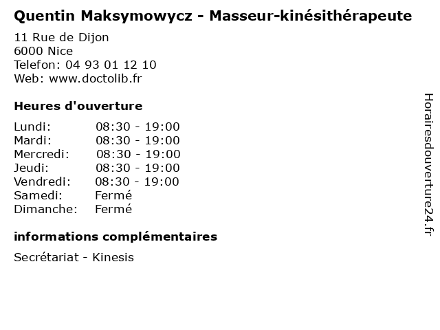 Quentin Maksymowycz - Masseur-kinésithérapeute à Nice: adresse et heures d'ouverture