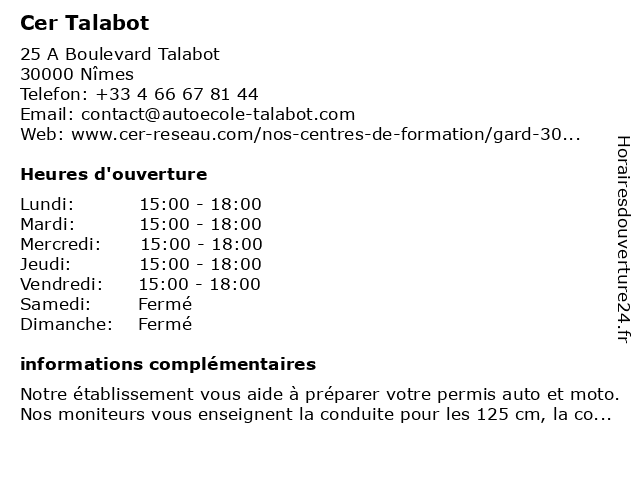 CER Talabot (Bureaux & code) à Nimes: adresse et heures d'ouverture