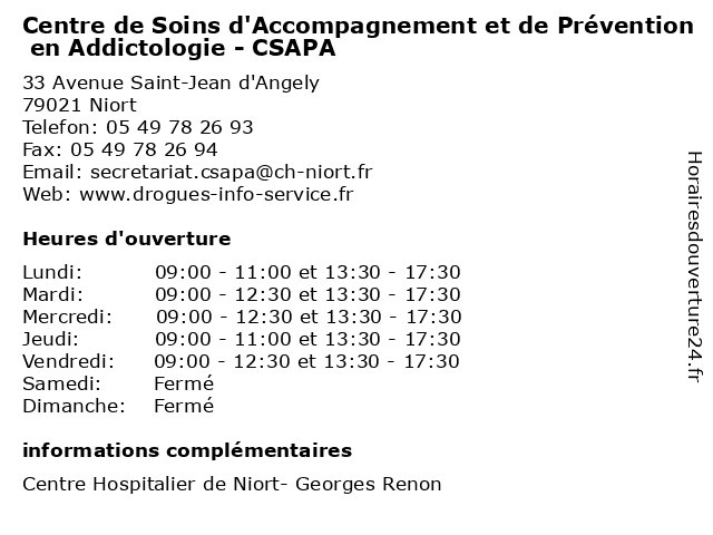 Centre de Soins d'Accompagnement et de Prévention en Addictologie - CSAPA à Niort: adresse et heures d'ouverture