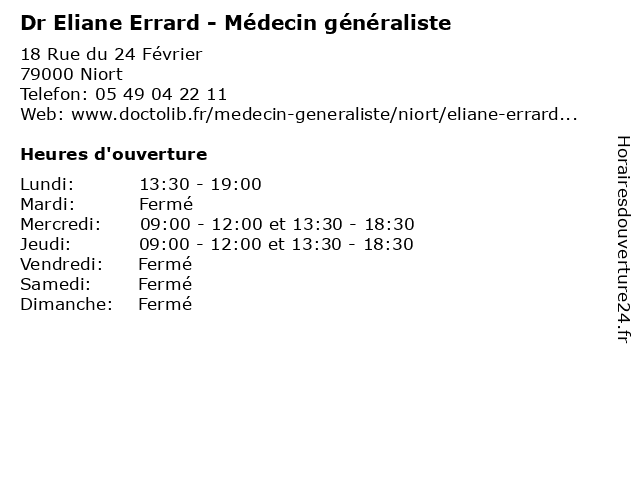 Dr Eliane Errard - Médecin généraliste à Niort: adresse et heures d'ouverture