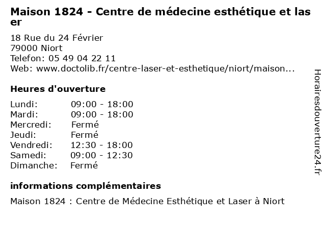 Maison 1824 - Centre de médecine esthétique et laser à Niort: adresse et heures d'ouverture