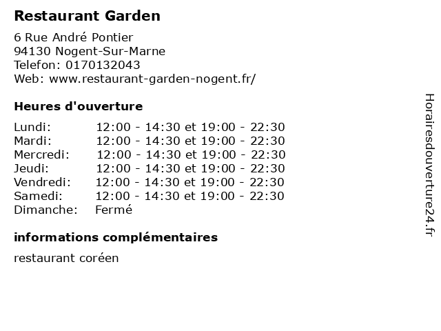 Restaurant Garden à Nogent-Sur-Marne: adresse et heures d'ouverture