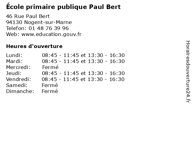 École primaire publique Paul Bert à Nogent-sur-Marne: adresse et heures d'ouverture