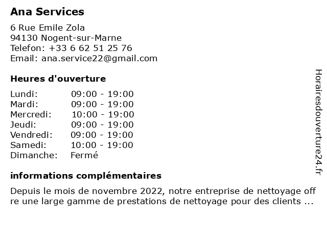 Ana Services à Nogent-sur-Marne: adresse et heures d'ouverture